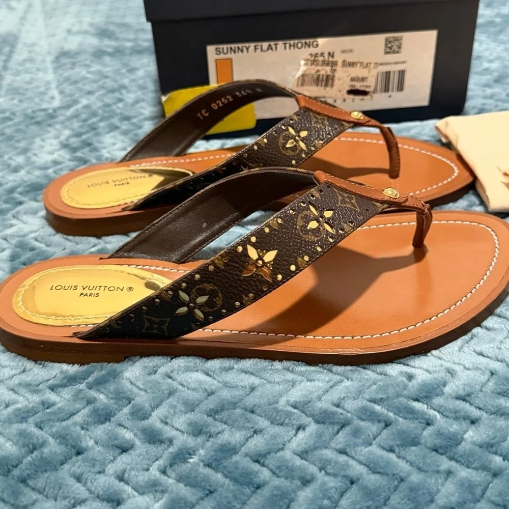 Louis Vuitton Brown and Gold Thong Sandals W/ COA/ FULL INCLUSION BNIB - Picture 5 of 8